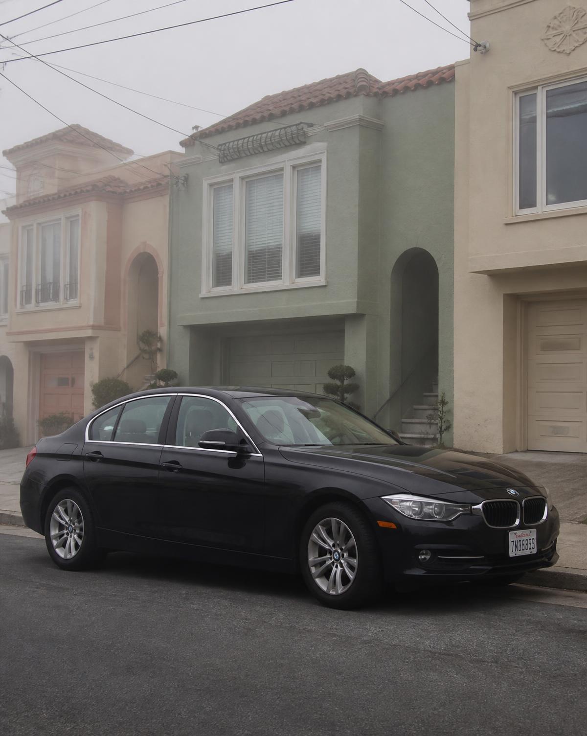 Clean detailed sedan parked on a foggy San Francisco street in the Sunset District